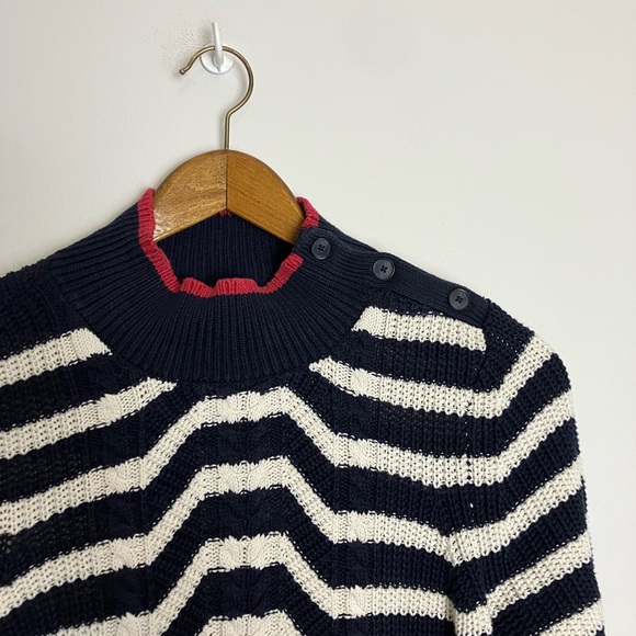 LOFT Navy Blue, White, Red Striped Nautical Chunky Sweater - Picture 4 of 8